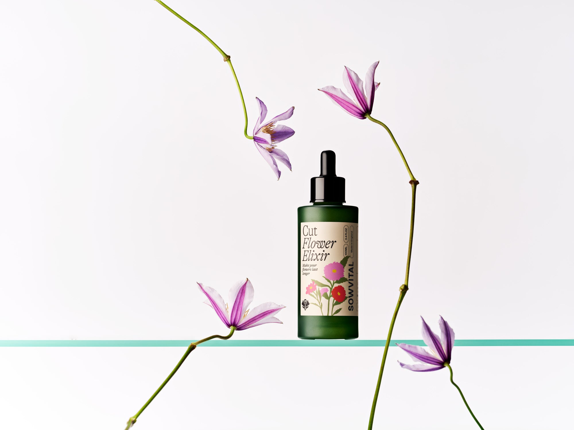 Bottle of 'Cut Flower Elixir' with pink flowers on a light green background