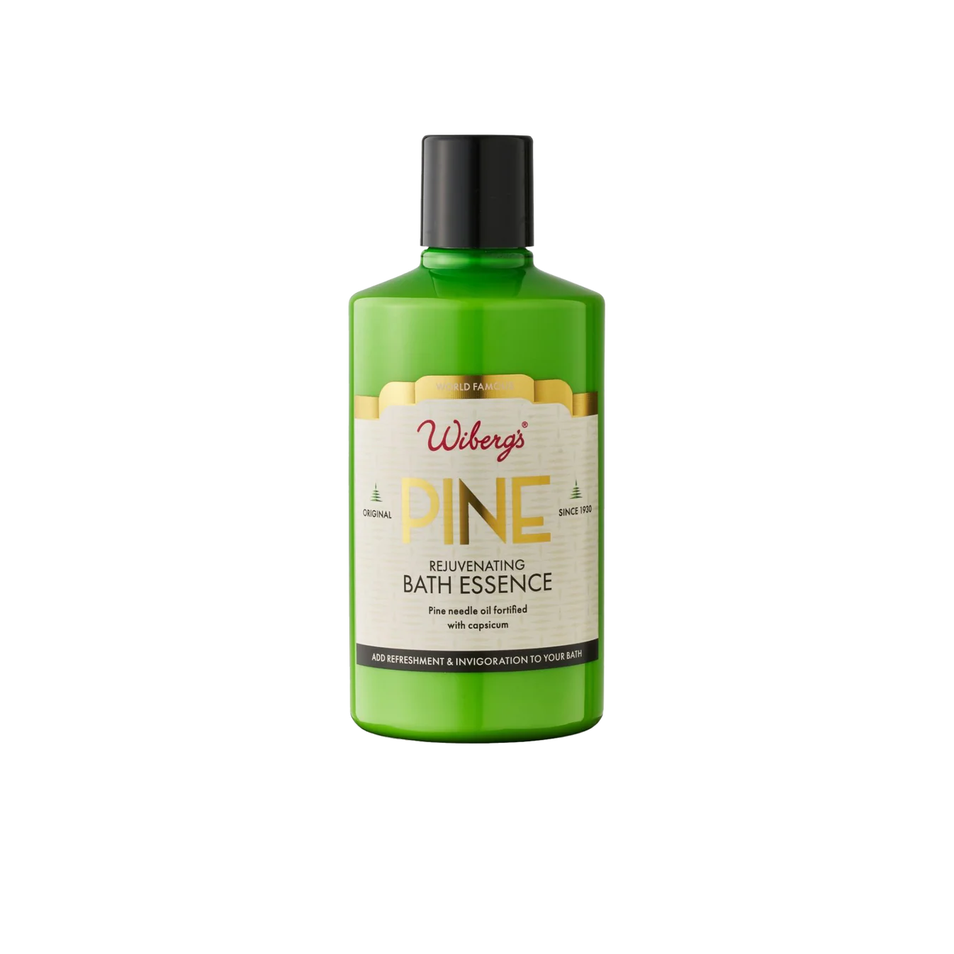 Green bottle of Webber's Pine Rejuvenating Bath Essence on a white background