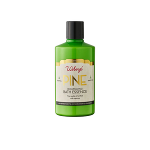 Green bottle of Webber's Pine Rejuvenating Bath Essence on a white background