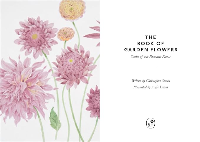 Book cover of 'The Book of Garden Flowers' with illustrations of pink and yellow flowers on a white background.