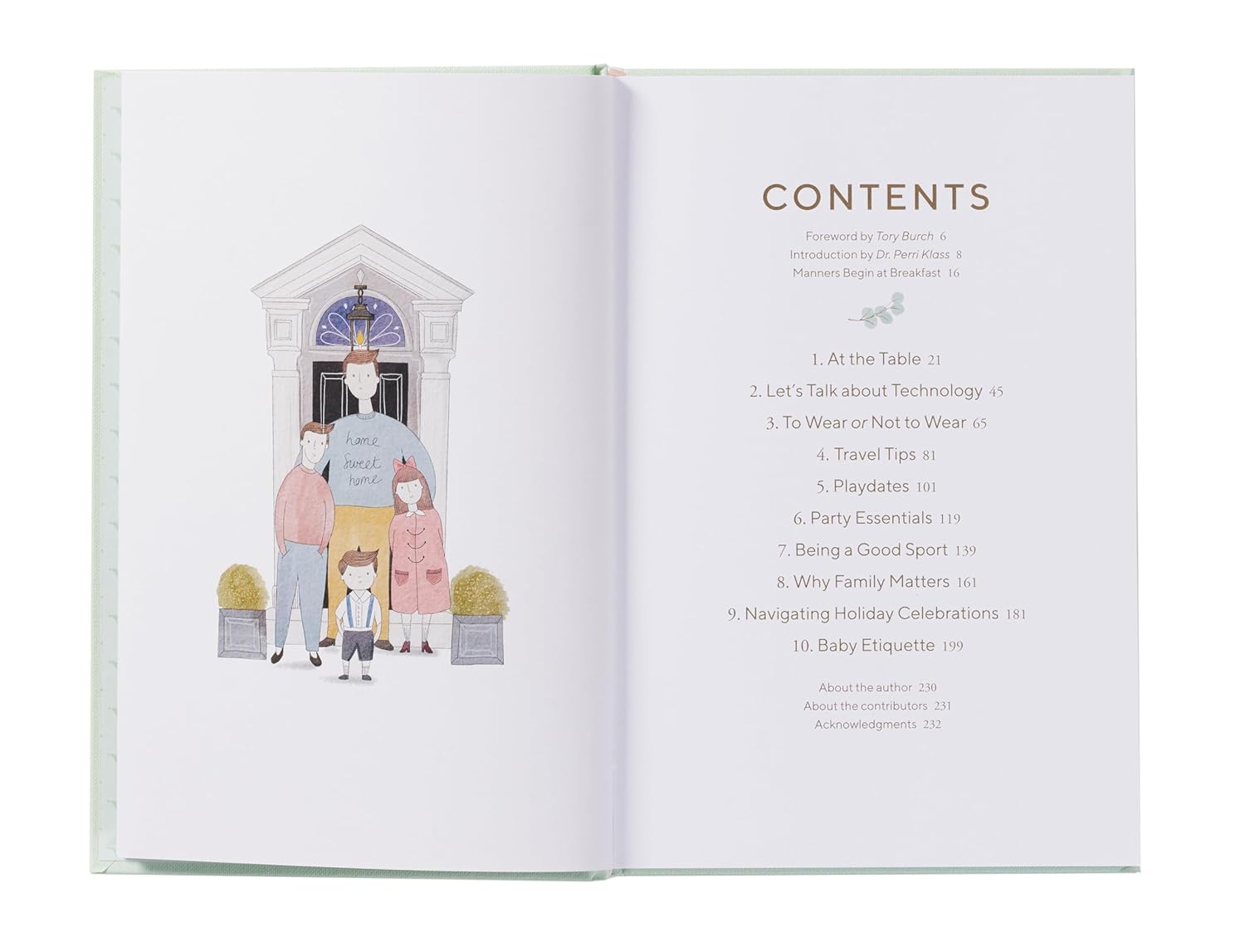Open book showing a family illustration on the left page and a contents list on the right page.