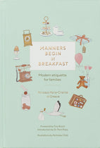 Book cover of 'Manners Begin at Breakfast' with illustrations and text on a light green background