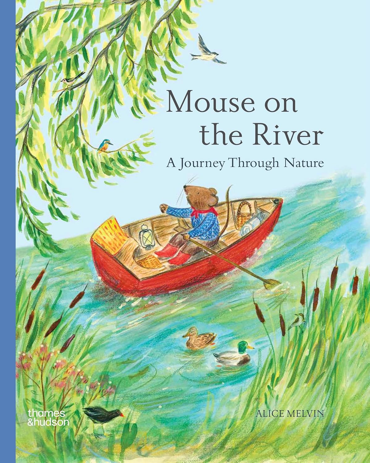 Book cover of 'Mouse on the River' with a mouse in a red boat on a river, surrounded by nature.