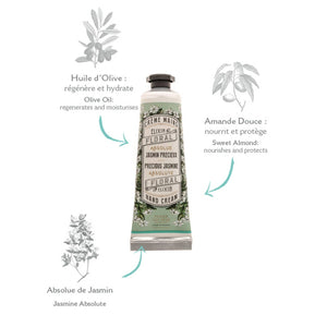 Floral hand cream packaging with olive oil, jasmine absolute, and almond ingredients on a white background.