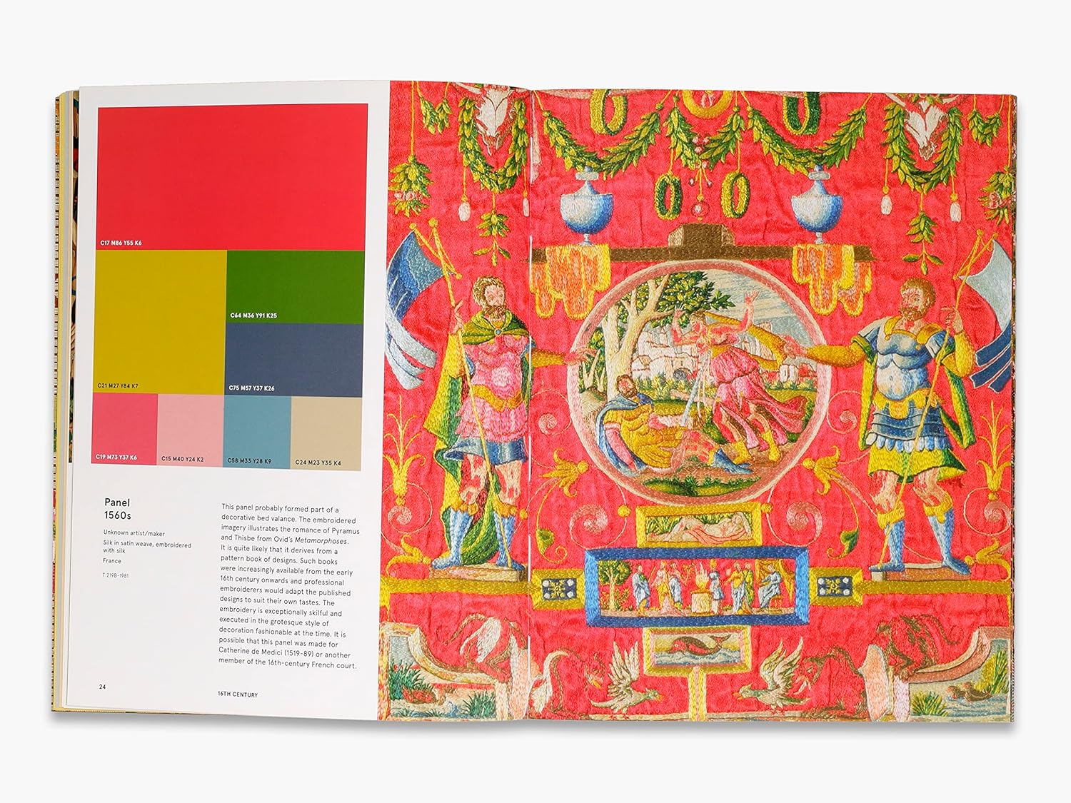 Color swatch book with a colorful fabric pattern on a white background