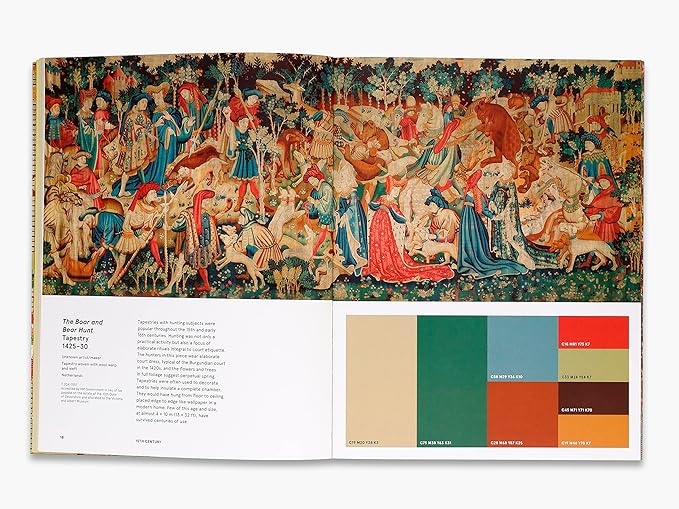 Book open to a page with a tapestry reproduction and color swatches
