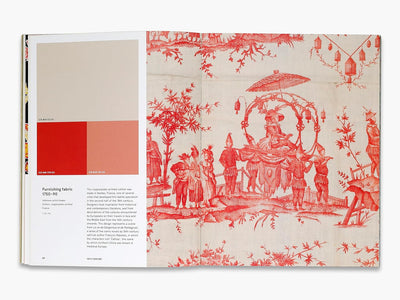 Open book showing a page with red and white patterned fabric design and text on a beige background.
