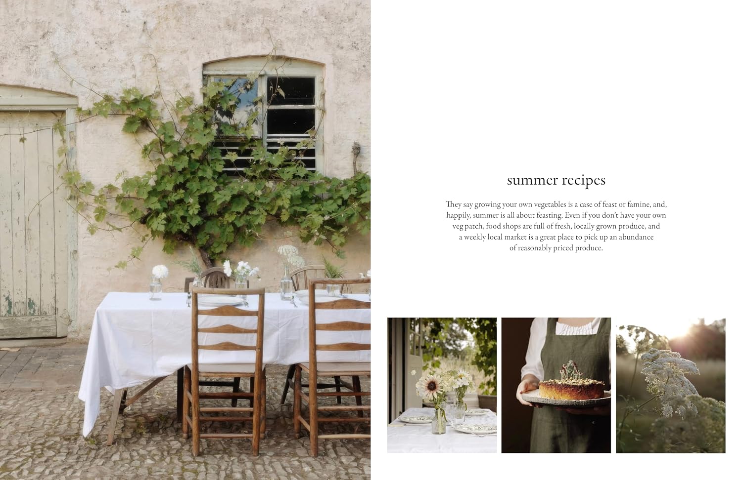 A split-page editorial layout with a left photo of an outdoor dining table set in a rustic stone courtyard with green vines, and a right page with the heading 'summer recipes' and three small inset photos showing food, a table setting, and greenery.