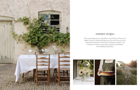 A split-page editorial layout with a left photo of an outdoor dining table set in a rustic stone courtyard with green vines, and a right page with the heading 'summer recipes' and three small inset photos showing food, a table setting, and greenery.
