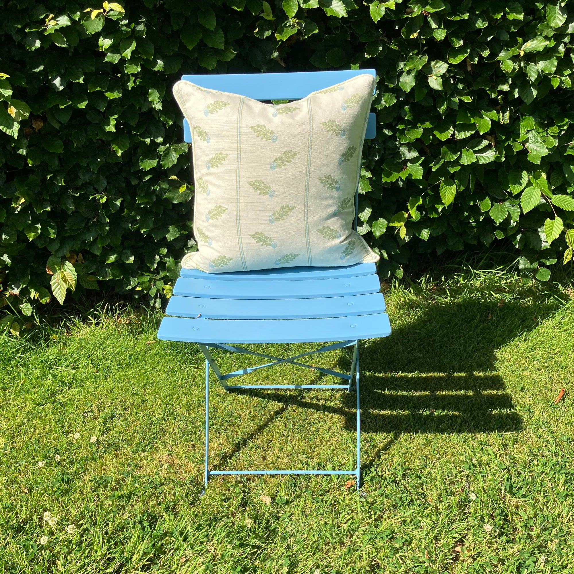 Green cushion on blue chair on grass