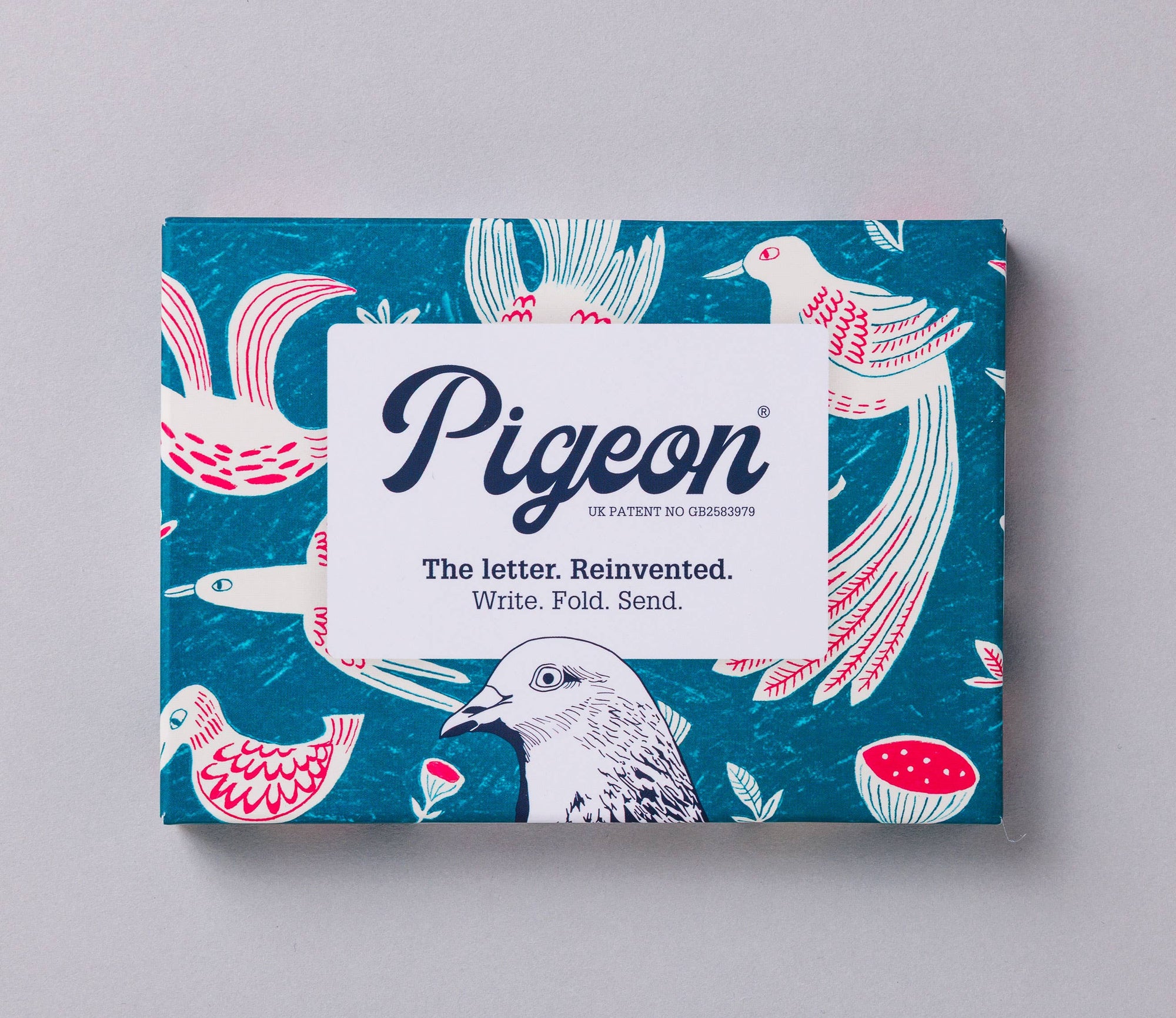 Pigeon letter writing kit packaging with bird illustrations on a blue background