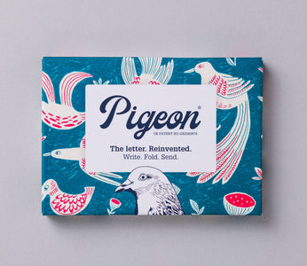Pigeon letter writing kit packaging with bird illustrations on a blue background