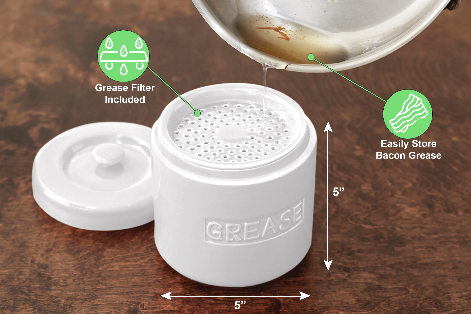 White grease container with lid on a wooden surface, showing features like grease filter and bacon grease storage.