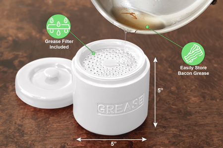 White grease container with lid on a wooden surface, showing features like grease filter and bacon grease storage.