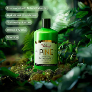 Green bottle of Wiberg's Pine Bath Essence surrounded by greenery with text about product features.