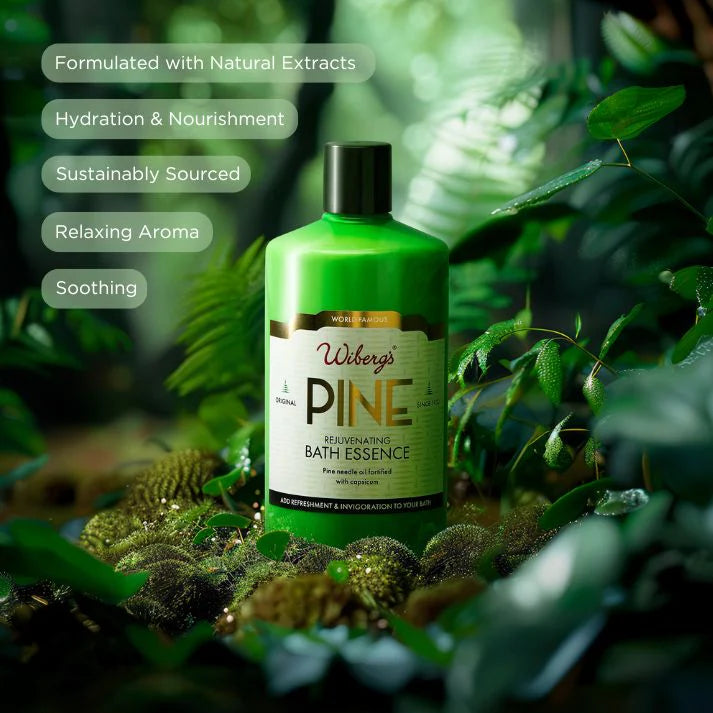 Green bottle of Wiberg's Pine Bath Essence surrounded by greenery with text about product features.