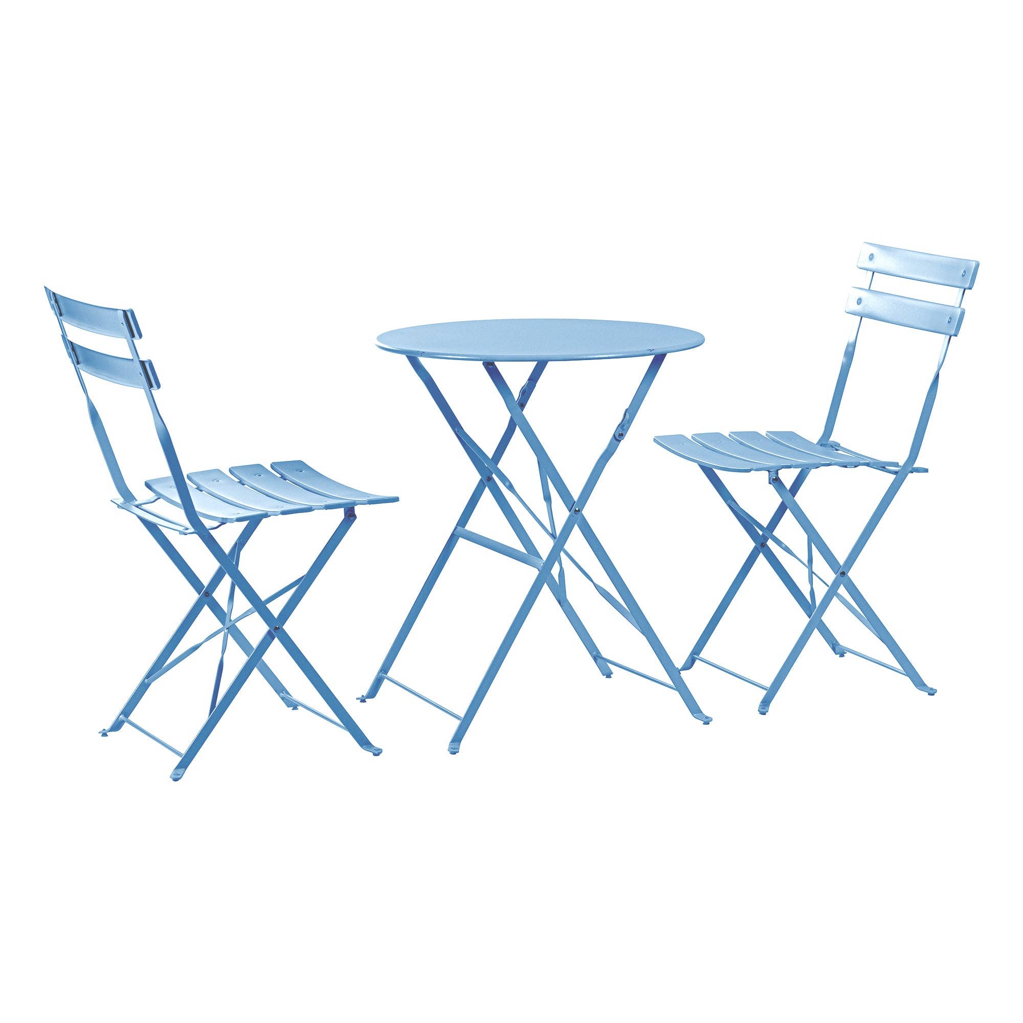 Blue metal outdoor table and chairs on a white background