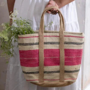 Jute Bag with Handles Pink or Green Stipe