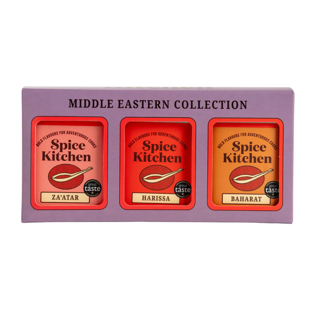 Box of Spice Kitchen Middle Eastern Collection with three spice containers on a white background
