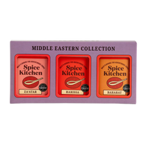 Box of Spice Kitchen Middle Eastern Collection with three spice containers on a white background