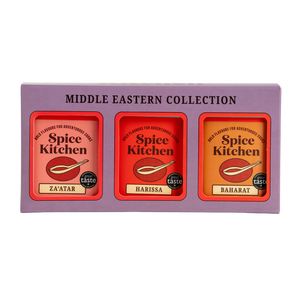 Box of Spice Kitchen Middle Eastern Collection with three spice containers on a white background