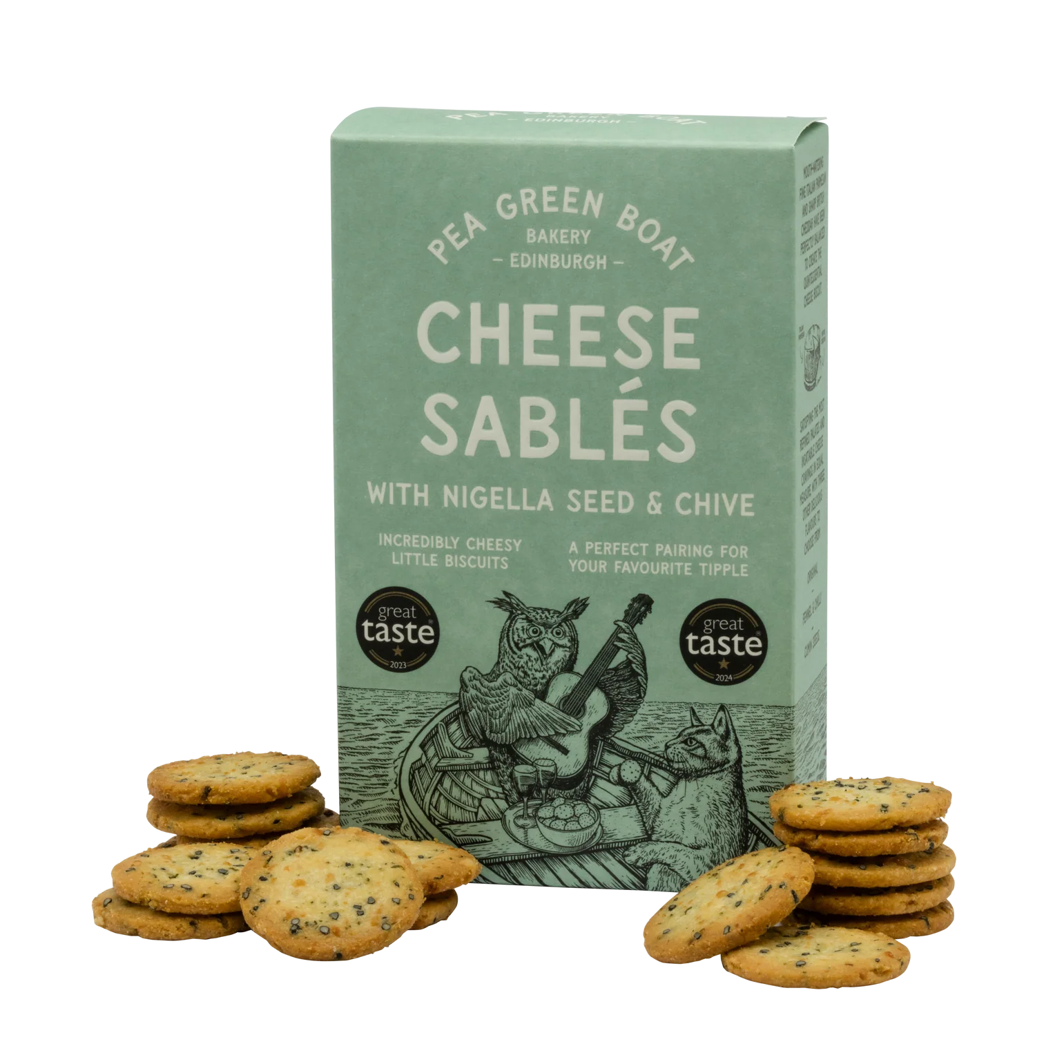 Pea Green Boat Cheese Sables with Nigella Seed and Chive