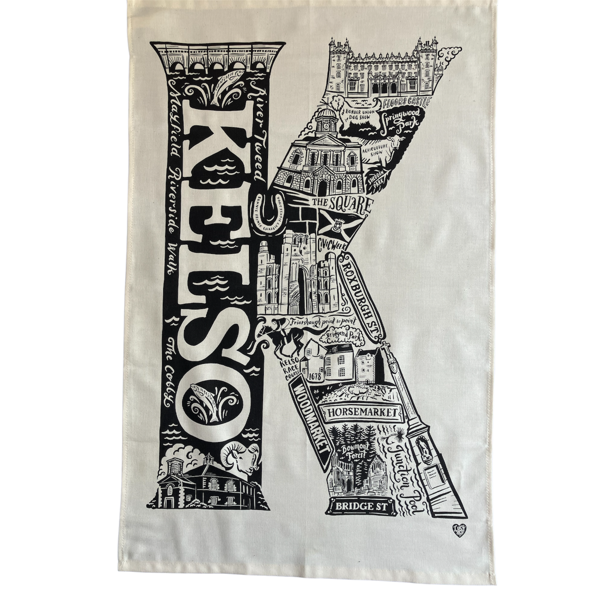 Tea towel with black and white design of Kelso, featuring landmarks and text.