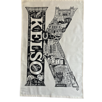 Tea towel with black and white design of Kelso, featuring landmarks and text.