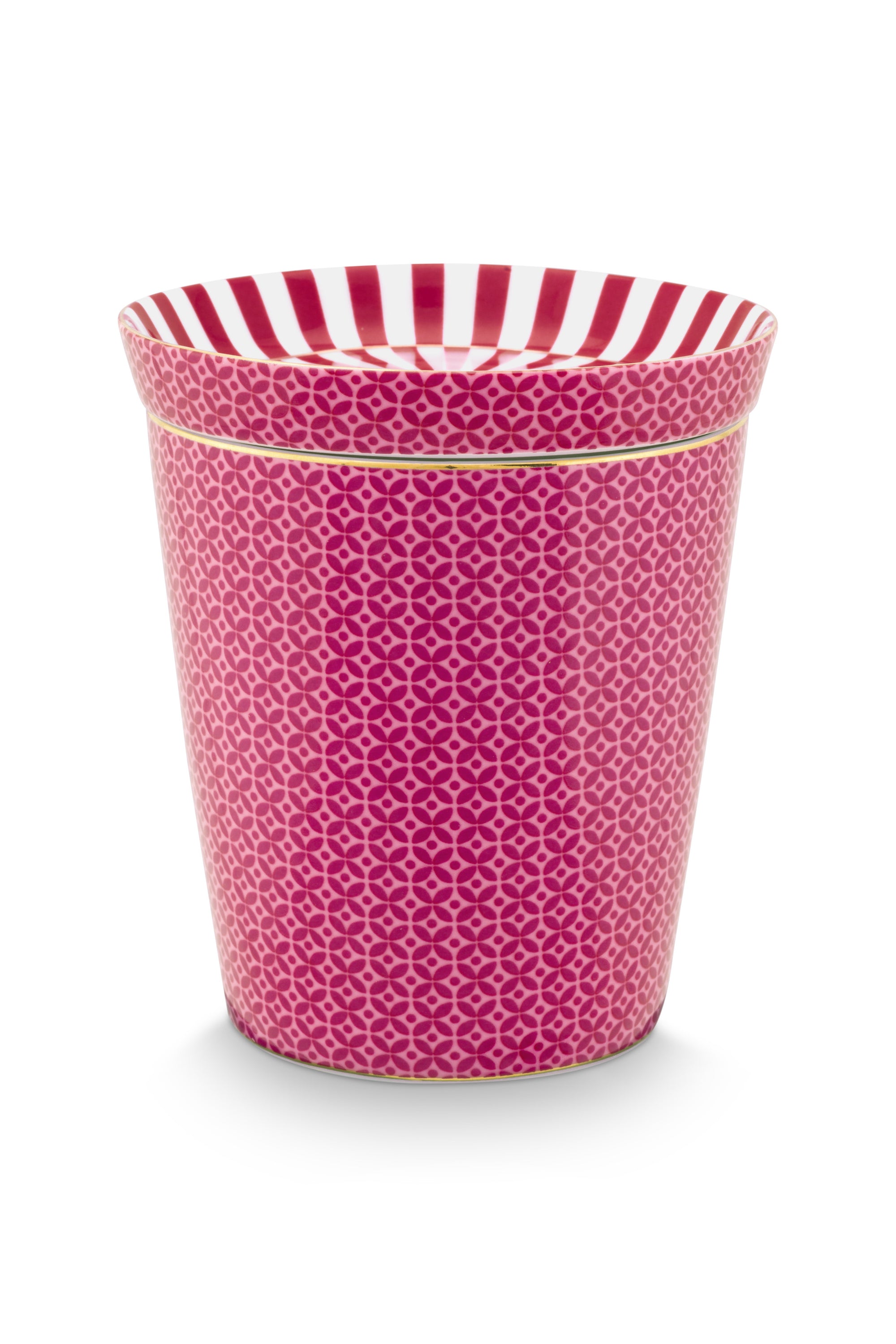 Pink and white modern geometric, striped cup and saucer.