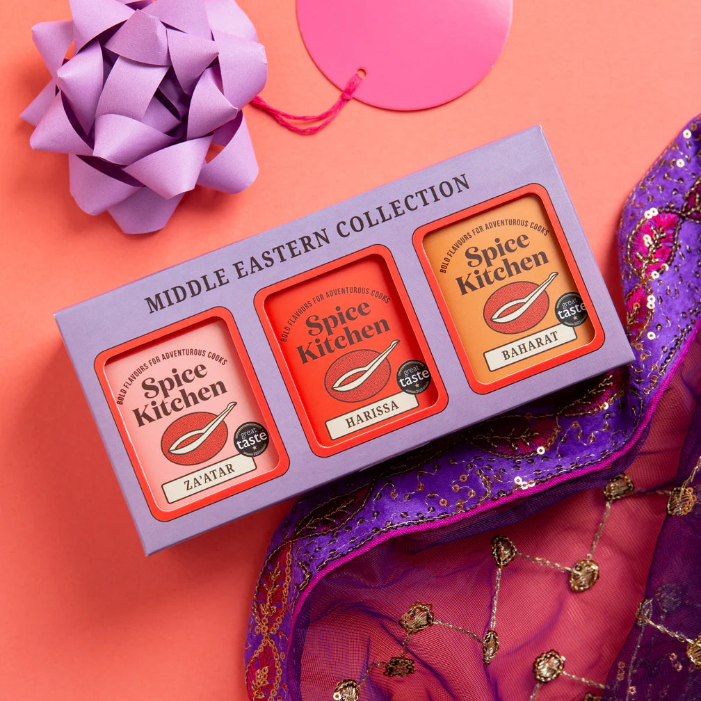Spice Kitchen Middle Eastern Collection packaging on a colorful background