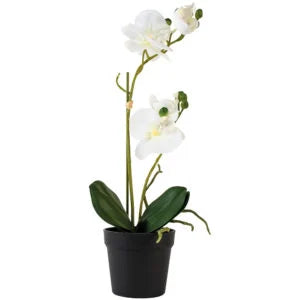 An artificial white orchid plant with green leaves and stems, potted in a black plastic pot, shown against a plain white background.