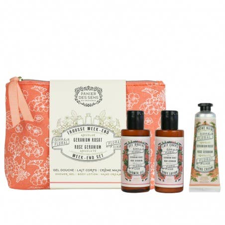 Set of skincare products including a bag, bottles, and a tube on a white background