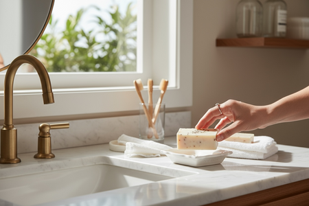 Hand washing a bar of soap on a kitchen counter with a window in the background
