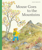Bookcover showing  mouse hiking towards the mountains by tree. and grouse on the ground